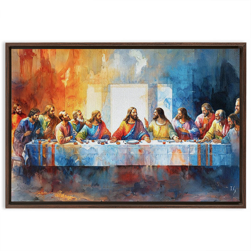 Modern reinterpretation of the Last Supper painting with vivid colors and expressive figures, framed and displayed.