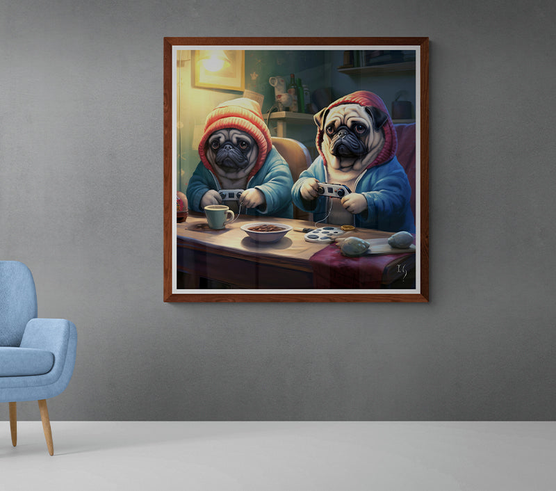 Whimsical painting of pugs enjoying video games