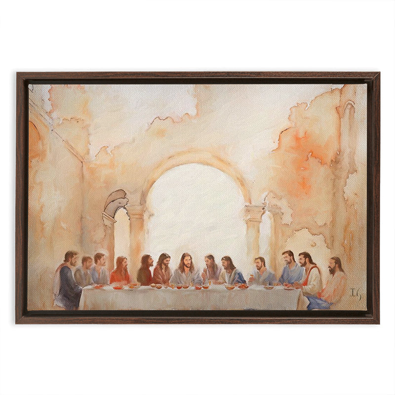 Elegant painting of The Last Supper in subdued earth tones, framed in wood, depicting a serene, historical religious scene.
