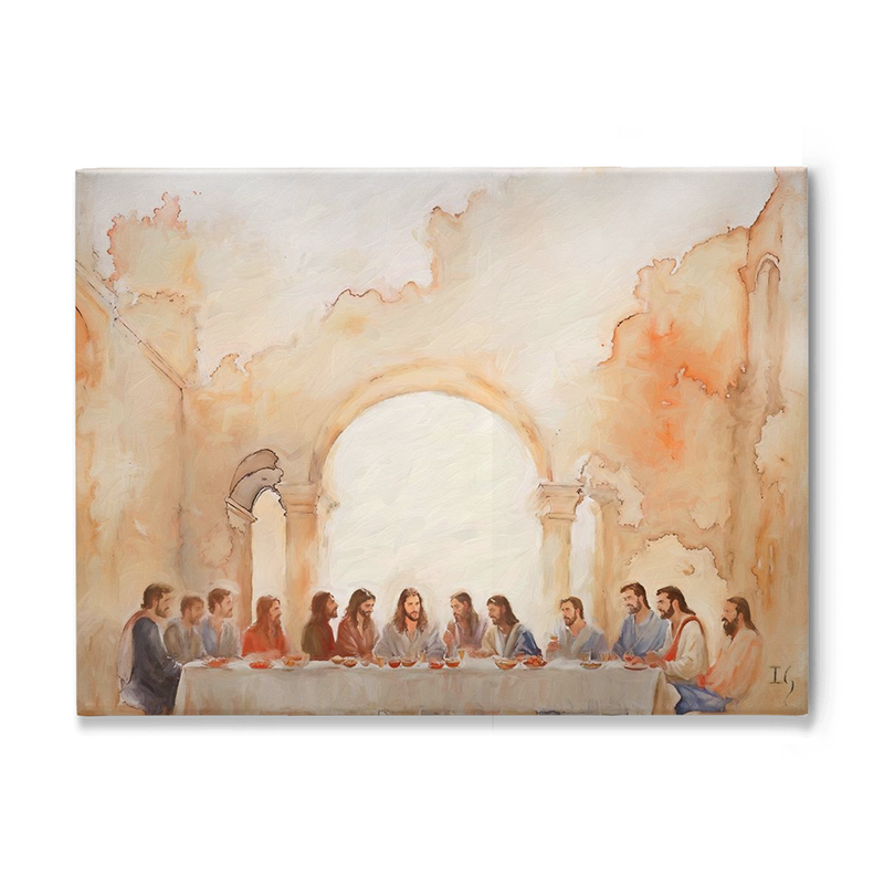 Artistic depiction of The Last Supper with Jesus and his disciples, set in a serene architectural background.