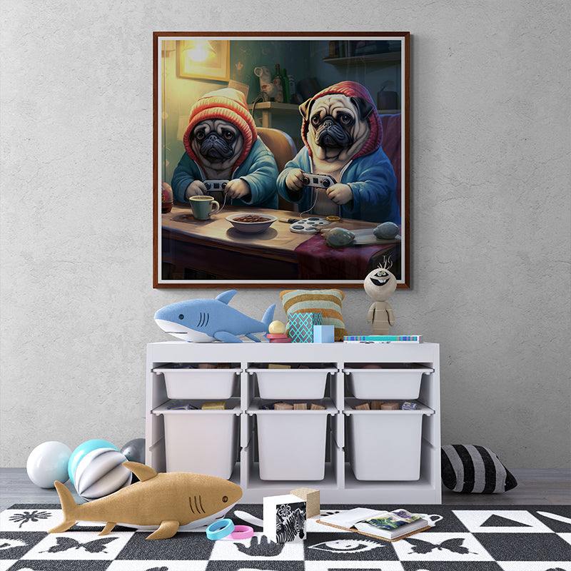 Pugs in hoodies playing video games - custom pet portrait