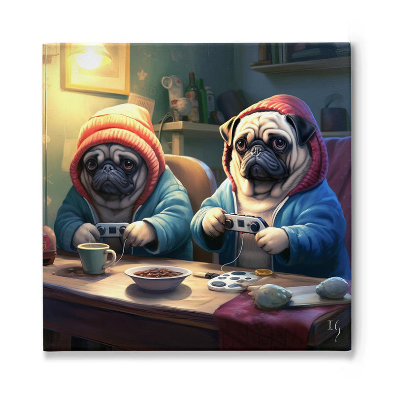 Dog painting: Pugs playing video games