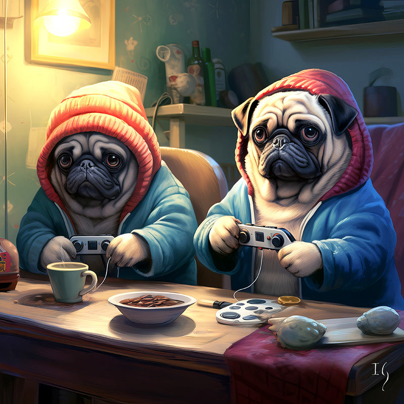 Whimsical art of pugs playing video games, cozy home setting