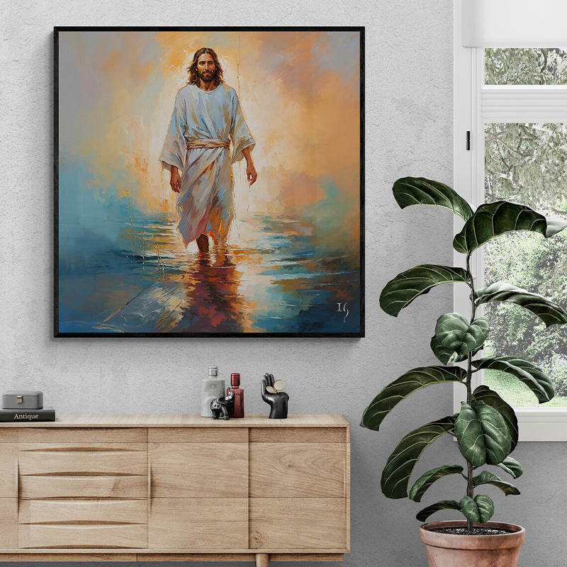 Painting of Jesus walking on water, with warm sunrise hues reflecting off the surface, hung above a wooden credenza in a bright room.