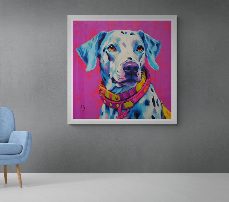 An expressive Dalmatian captivates with its deep, amber-hued eyes, set against a radiant pink background speckled with lighter pink patterns. The dog's blue and white coat stands in bold contrast, adorned by a colorful collar with buckle details.