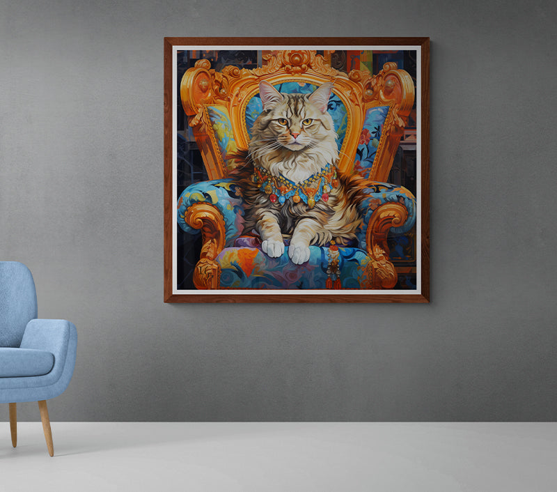 Elegant cat with a bejeweled collar on a lavishly designed chair.