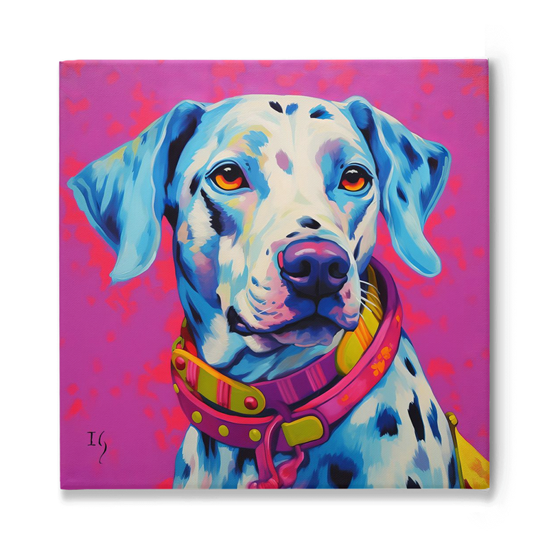 A close-up portrait of a Dalmatian with soulful, amber eyes against a bright pink backdrop. The artwork pops with contrasting shades, highlighting the dog's unique spotted coat, drooping blue ear, and vibrant red and yellow collar.