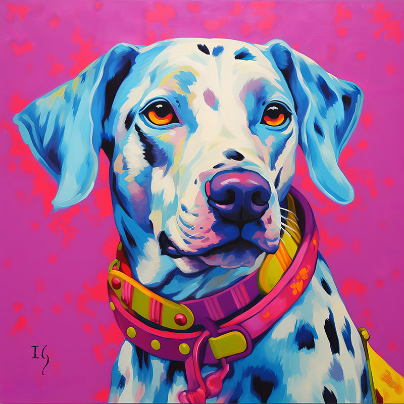 A mesmerizing Dalmatian portrait comes to life in striking colors. The dog's gaze, paired with a pink backdrop, creates a dreamy ambiance, further amplified by its spotted fur, vivid blue ear, and multi-colored collar.