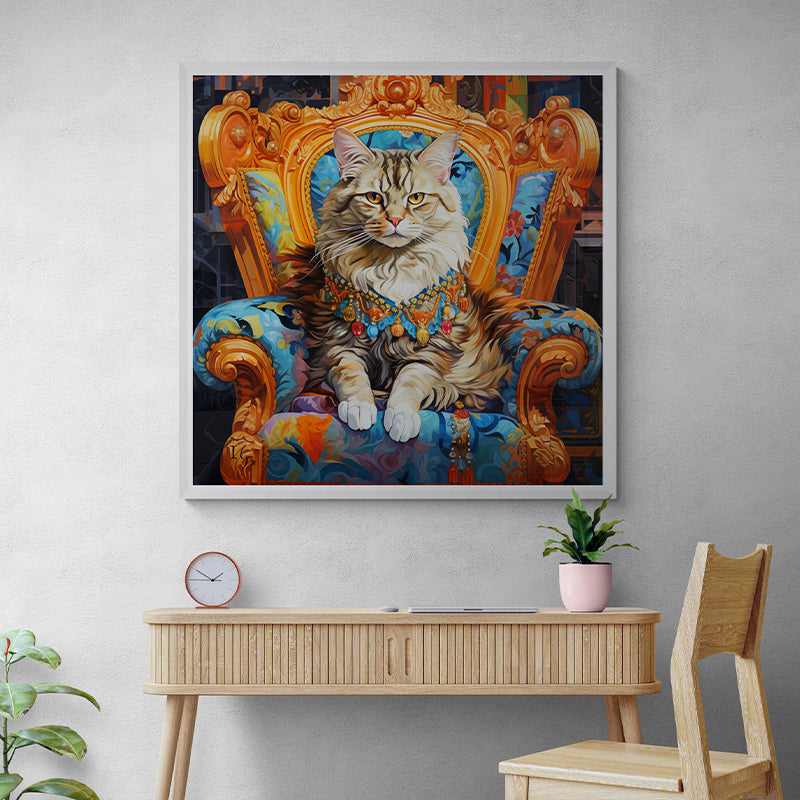 Majestic feline adorned with colorful jewels on a luxurious chair.