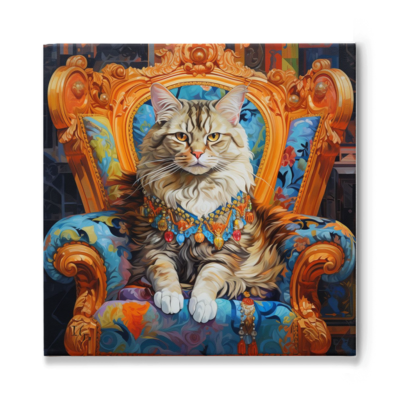 Regal cat with jeweled necklace on an ornate armchair.