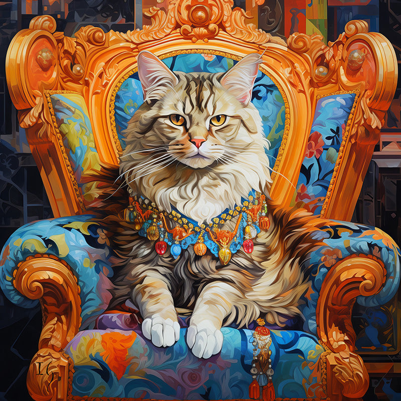 Royal-looking cat with intricate necklace on a richly decorated throne.