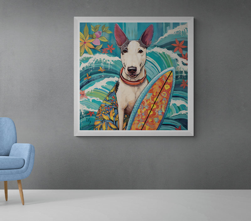 A lively portrait of a Bull Terrier, poised with a vividly decorated surfboard, set against a tropical seascape. The swirling ocean waves and radiant flora create a harmonious balance, evoking feelings of summertime adventures.
