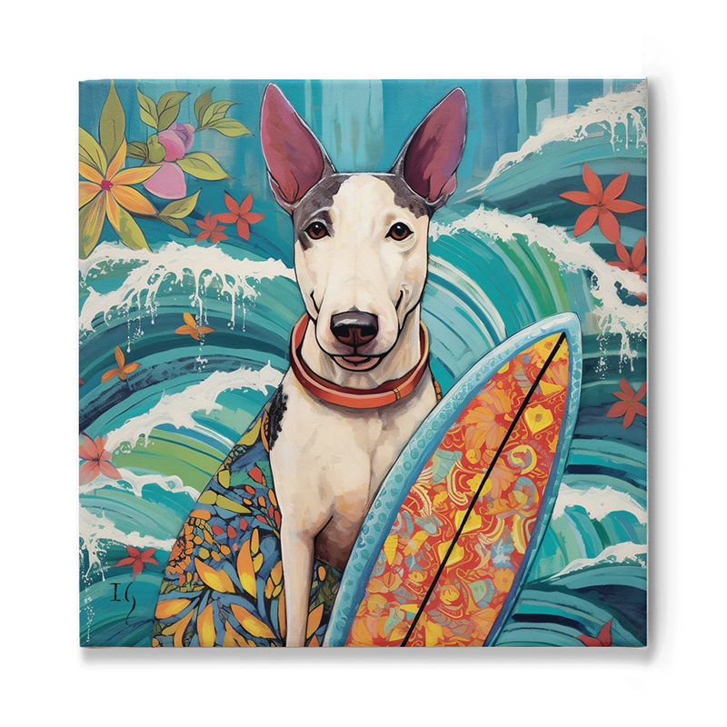 A confident Bull Terrier stands ready for a day at the beach, holding a brightly-patterned surfboard. The backdrop showcases a serene blue ocean with waves rolling in, accompanied by a colorful array of tropical flowers and leaves.