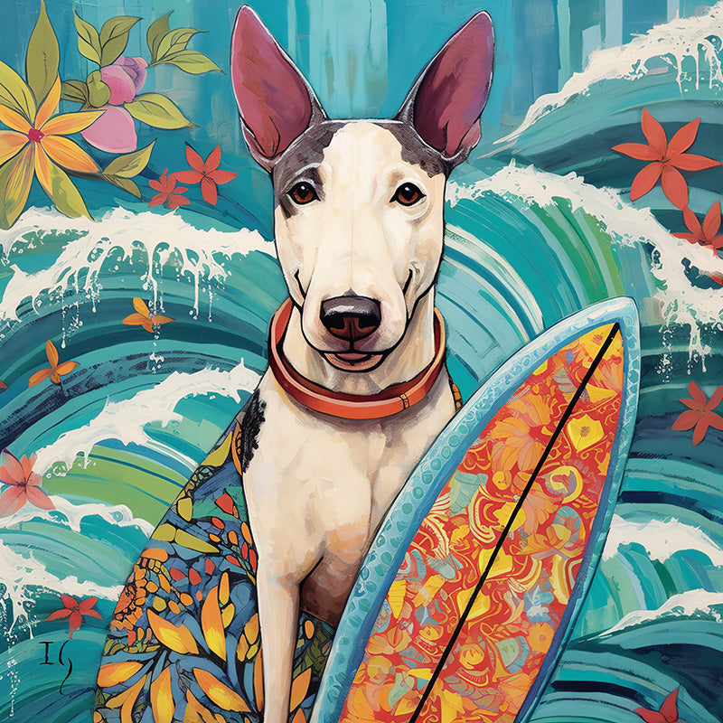 A charismatic Bull Terrier, adorned with a tribal-patterned cloak, presents a vibrant surfboard filled with intricate floral designs. The serene ocean waves and blossoming flowers in the background perfectly encapsulate a tropical paradise.