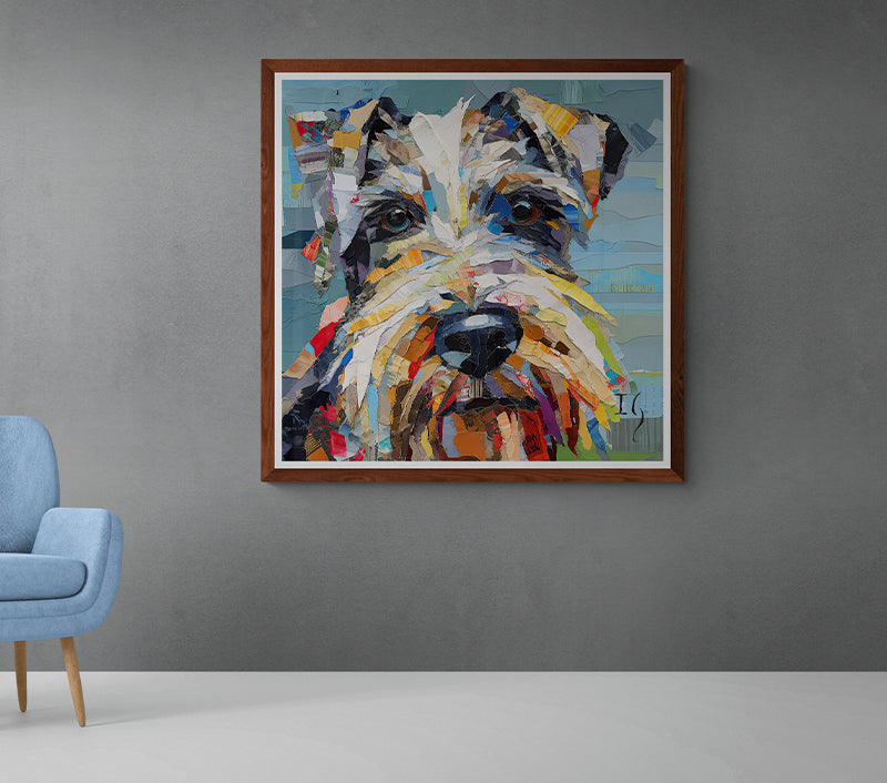 Framed artistic paper collage portrait of a Schnauzer dog in modern living room