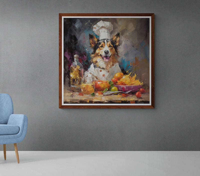 A spirited portrait of a Collie dressed as a chef, gleaming with pride in front of a colorful spread of fruits. With a detailed rendering, the scene captures the motion of fruit juice splashing out of a bowl and the vivid textures of each element.