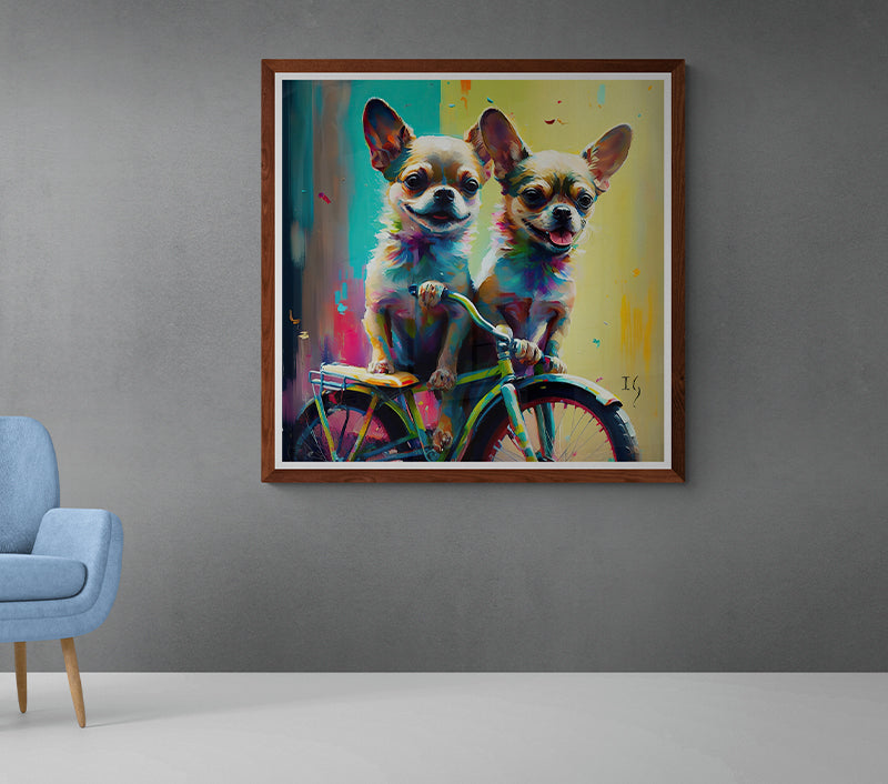 Artistic portrayal of two multi-hued Chihuahuas, one with its tongue cheekily out, as they pose together on a bicycle, bringing a sense of joy and energy against a contemporary color splash background.