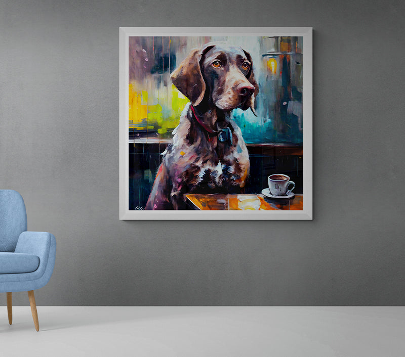 Artistic portrayal of a thoughtful canine companion in a cafe setting, the rich textures and hues of its fur complemented by the dazzling mosaic of colors and reflections surrounding it.