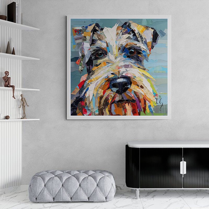 Colorful Schnauzer portrait made from paper scraps, framed in contemporary decor