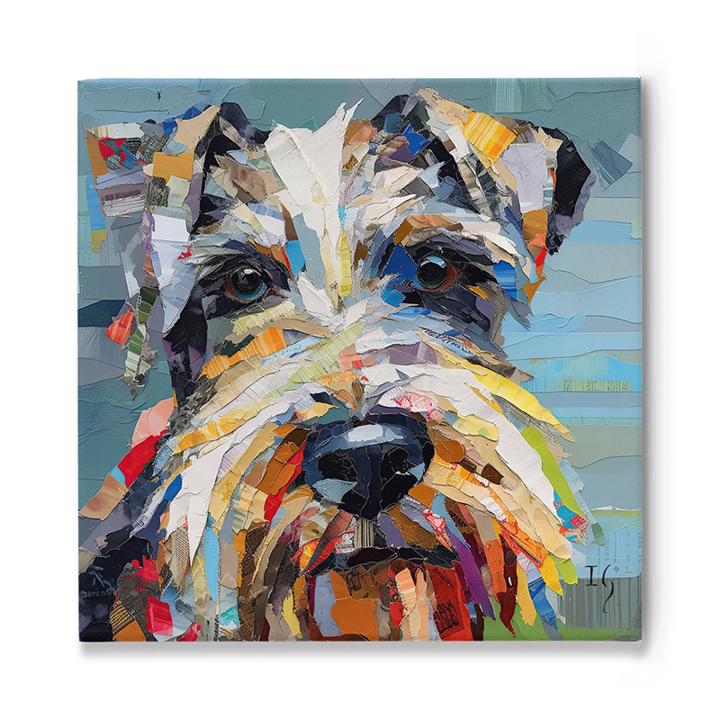 Custom pet portrait: Schnauzer face crafted with mixed media paper