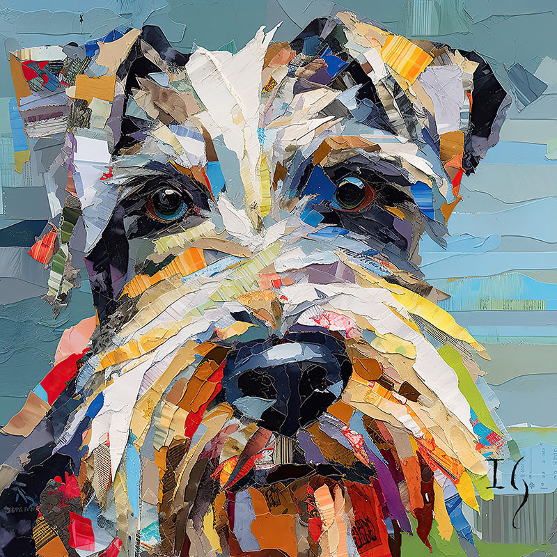 Artistic paper collage portrait of a Schnauzer dog