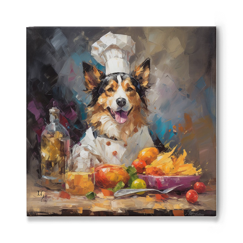An enthusiastic Collie dons a chef's hat and uniform, joyfully presenting a table filled with fresh fruits, including vibrant oranges and lemons. The artwork boasts rich brushstrokes, depicting a bottle of oil and a dynamic splash from a purple bowl amidst the spread.