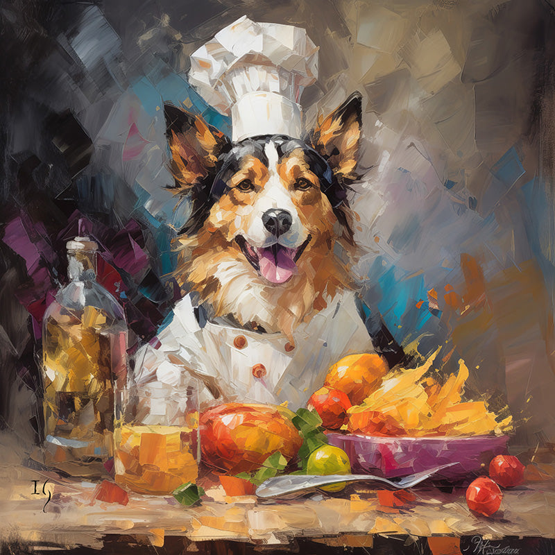 A beaming Collie in chef's attire stands proudly before a culinary masterpiece. The tableau features a radiant array of fruits, with a noticeable splash emanating from a bowl, all painted in expressive and thick brushstrokes.