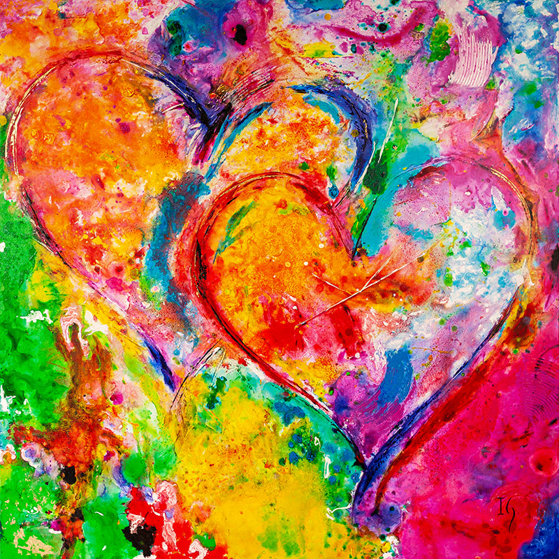 Abstract painting titled Passionate Symphony, featuring two intertwined hearts in bold red, blue, yellow, and green. A vivid and expressive celebration of love and energy.