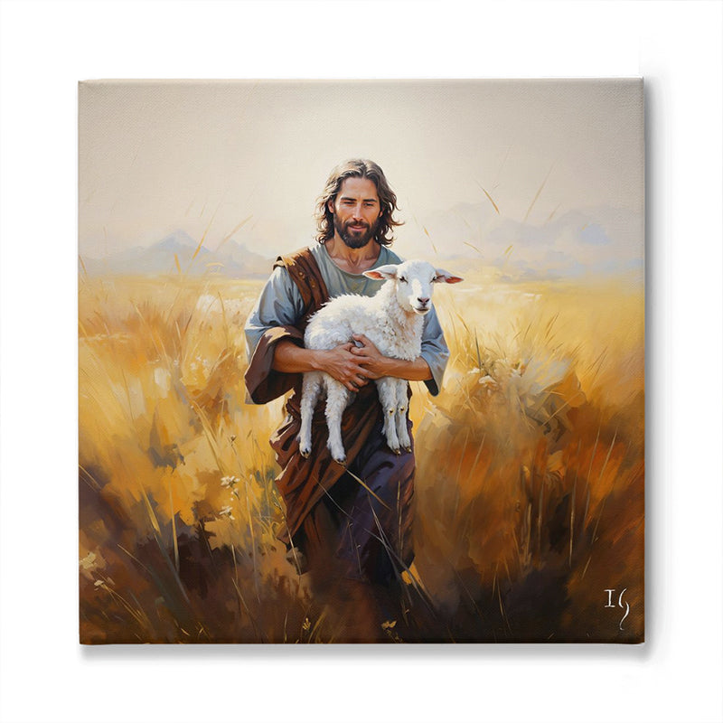 Artistic representation of Jesus Christ as the Good Shepherd in a golden field, cradling a lost lamb, symbolizing the parable of the lost sheep.