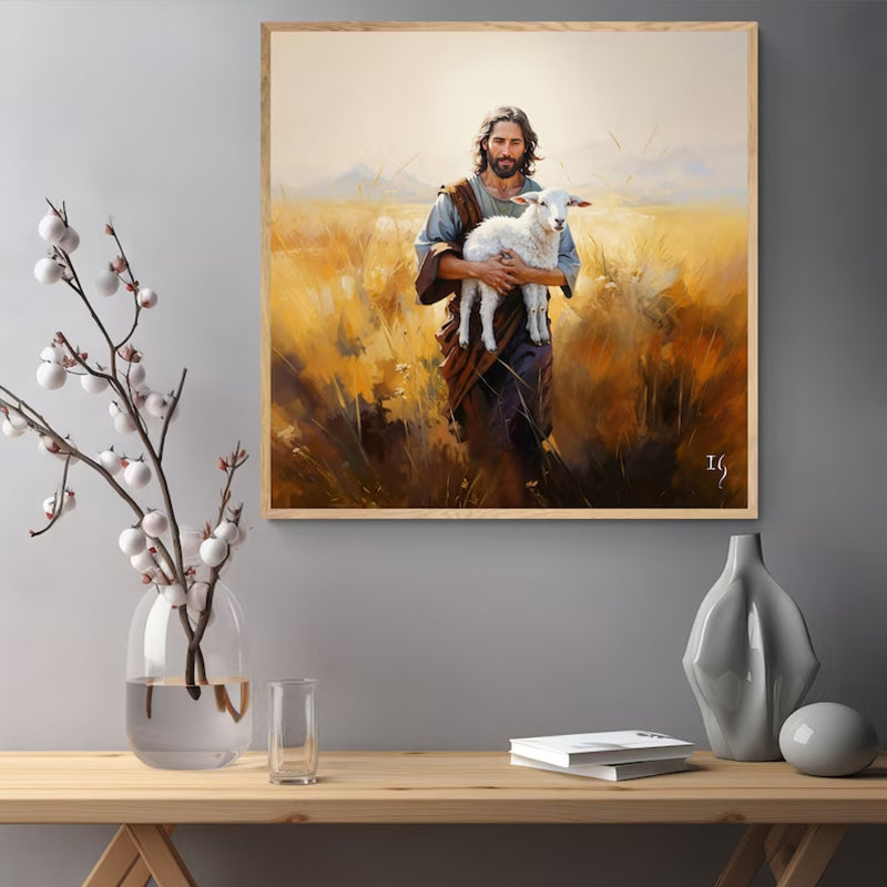 Christian painting of Jesus with a lamb, perfect for serene home decor.