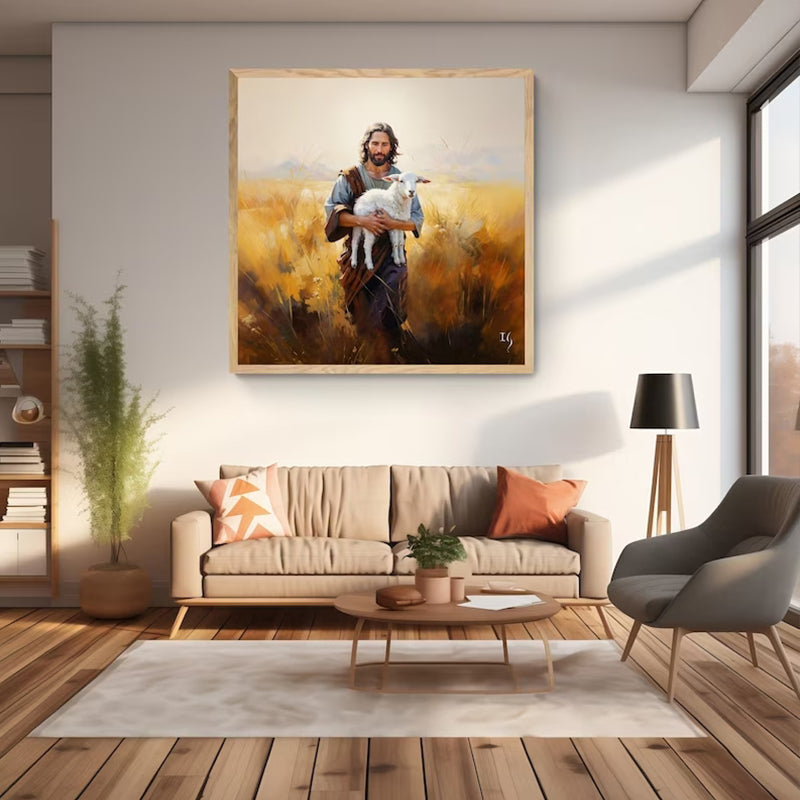 Framed painting of Jesus with a lamb, a centerpiece in the living room decor.