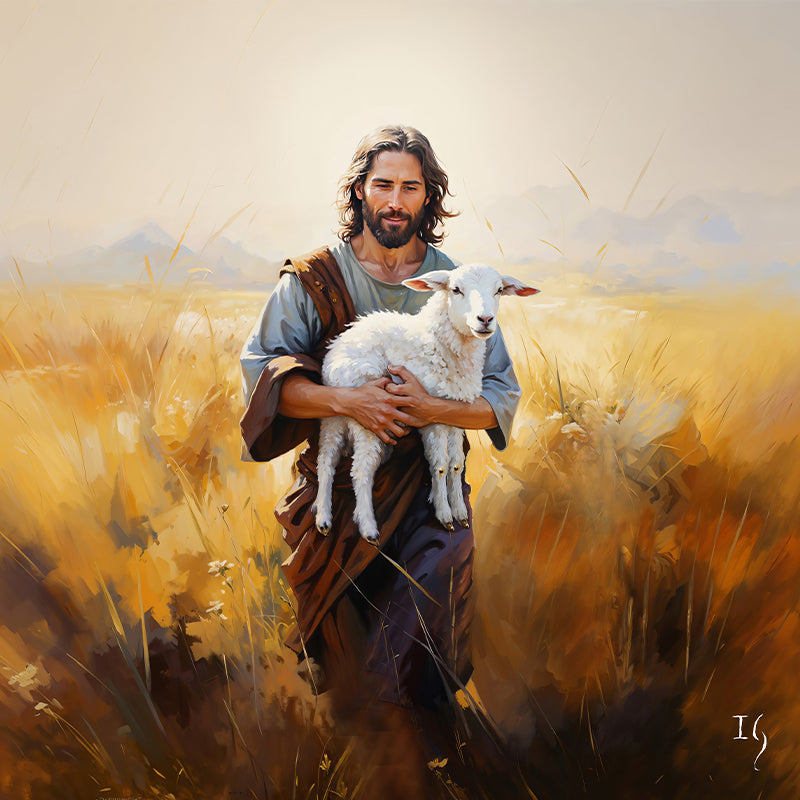 Jesus with a lamb, standing in a serene field, a beautiful piece of Christian art.