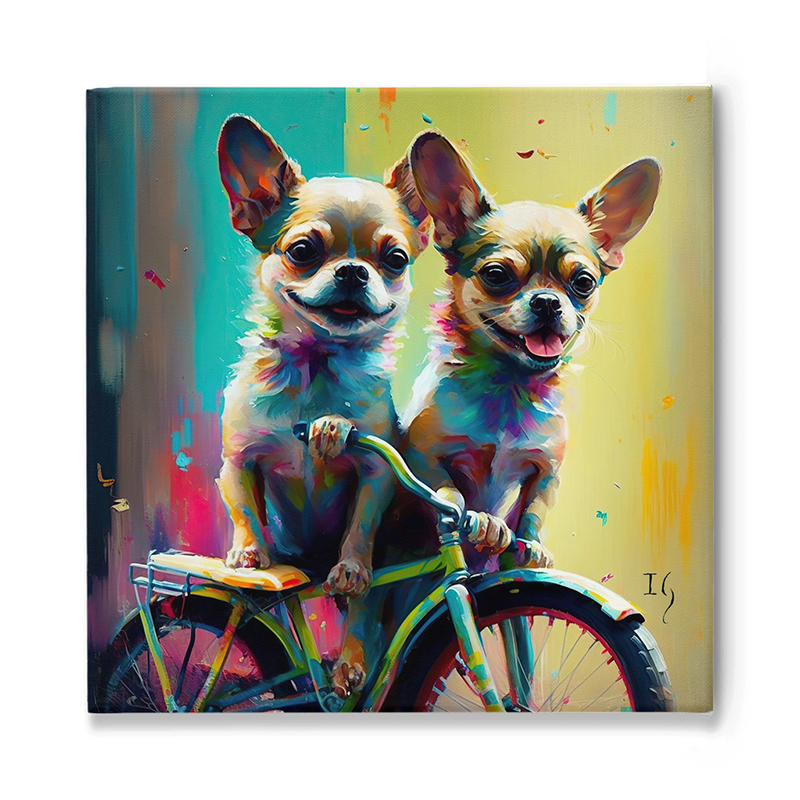 Dynamic artwork showcasing two spirited Chihuahuas with a dazzling blend of colors on their fur, sitting confidently on a bicycle, with the playful one sticking its tongue out amidst a splashed paint backdrop.