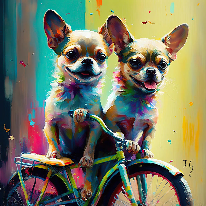 A lively duo of Chihuahuas, painted with a spectrum of colors, perched on a bicycle's seat, capturing a moment of joy and camaraderie with an abstract, vibrant backdrop.