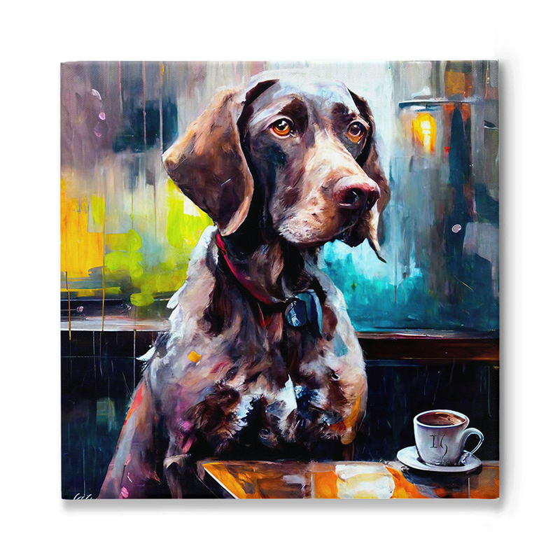 Vibrant and evocative painting of a contemplative dog with deep brown eyes, seated at a table with a cup of coffee, set against a backdrop of colorful abstract strokes and city lights.