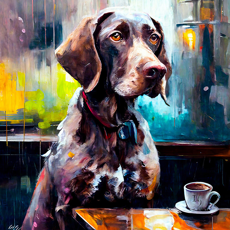 Expressive digital artwork capturing a dog's serene gaze in an urban environment, its soulful eyes contrasting with the bustling city's ambiance, highlighted by a steaming cup on a tabletop.