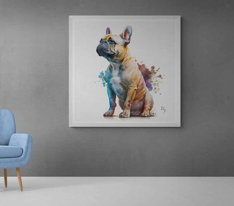 Artistic representation of a French Bulldog emanating majesty and strength, draped in a myriad of bold colors and ethereal textures, capturing the essence and elegance of the breed.