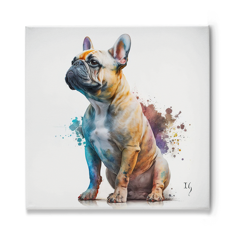 Stunning digital illustration of a French Bulldog showcasing its muscular stature, adorned with vibrant paint splashes and brush strokes that highlight its expressive gaze and intricate details.