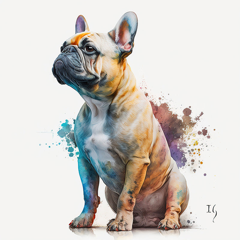 Detailed portrayal of a French Bulldog enveloped in a whirlwind of colors and artistry, emphasizing its broad chest, upright ears, and soulful eyes against a minimalist backdrop.