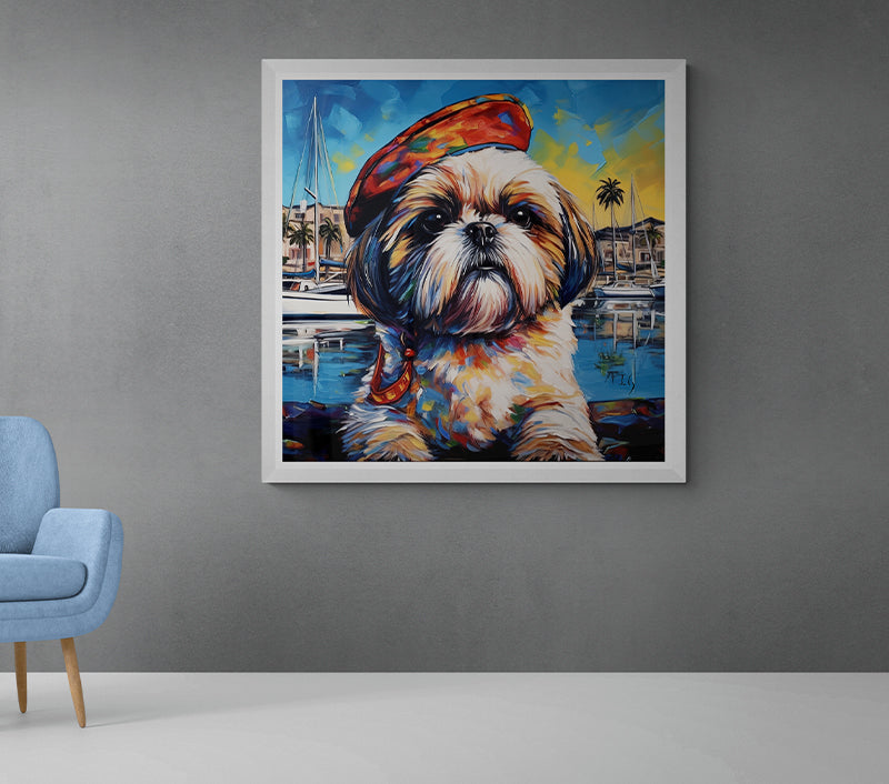 An intricately detailed Shih Tzu stands in the foreground, its fur a cascade of brilliant colors, crowned with a whimsical beret. Behind the canine, a picturesque marina unfolds, with anchored sailboats, palm trees, and sunlit structures reflecting off the tranquil waters.