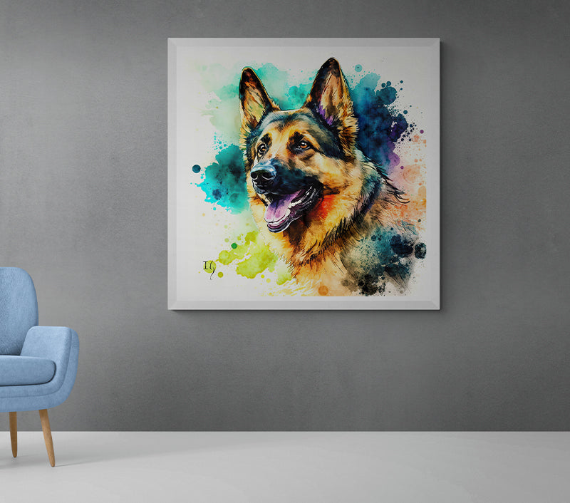 An exquisitely detailed German Shepherd, alive with color, stares intently forward, its warm eyes shimmering with anticipation. A riot of watercolors - from cerulean blues to sunset oranges - envelopes the canine, symbolizing its vibrant spirit and energy.