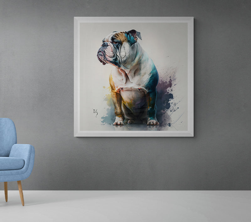 Artistic rendering of an English Bulldog exuding strength and determination, enveloped in swirling hues of blues and purples, capturing the breed's innate majesty and profound gaze.