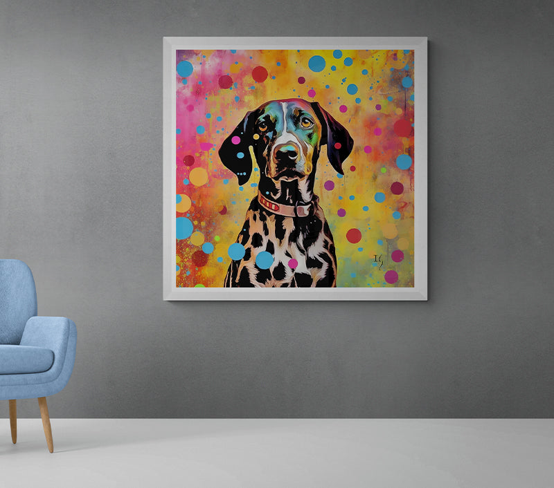 A captivating artwork capturing a Dalmatian in a sea of vibrant polka dots. The dog's distinctive black and white spots blend seamlessly with the playful, rainbow-colored dots surrounding it, creating a harmonious burst of color.