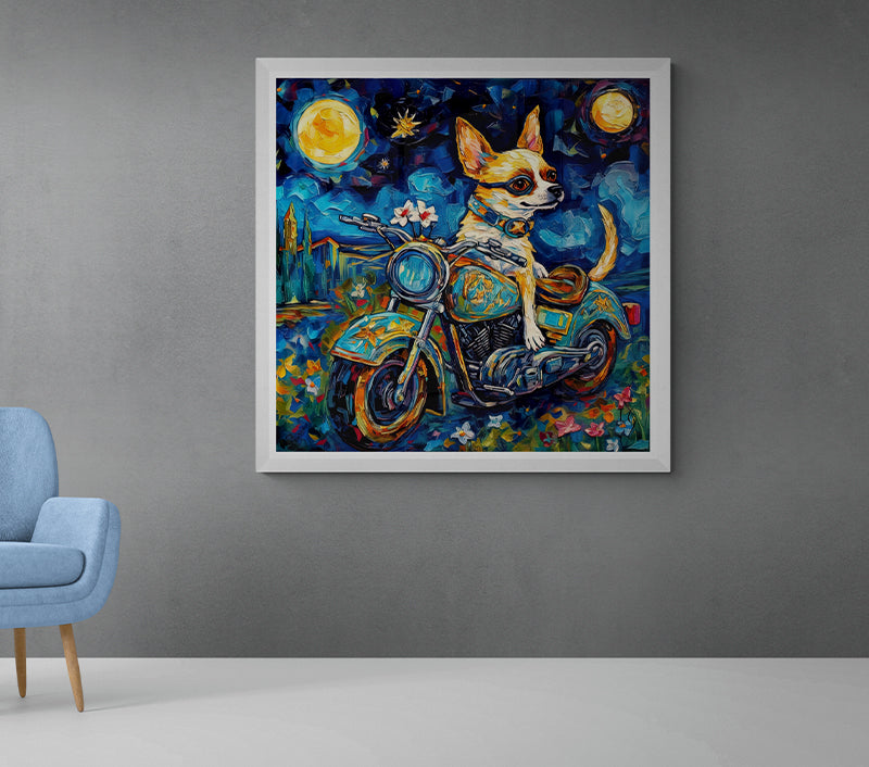 A spirited Chihuahua, adorned with a decorative collar, takes the reins of a vividly painted motorcycle amidst a dreamscape of blooming flowers and celestial wonders. The nocturnal backdrop is alive with glowing moons, twinkling stars, and abstract patterns, evoking a sense of mystical adventure.