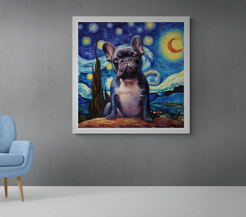 A French Bulldog takes center stage, its expressive face illuminated by the radiant swirls of a 'Starry Night'-inspired sky. Beneath its paws, a textured orange terrain overlooks a sleepy village nestled between rolling hills.