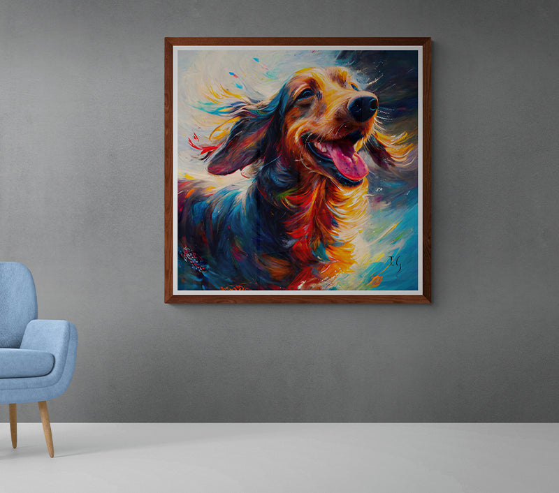 Artistic representation of a spirited dachshund, with swirling colors blending seamlessly into its fur, expressing delight and vitality against a backdrop of dynamic paint splatters.