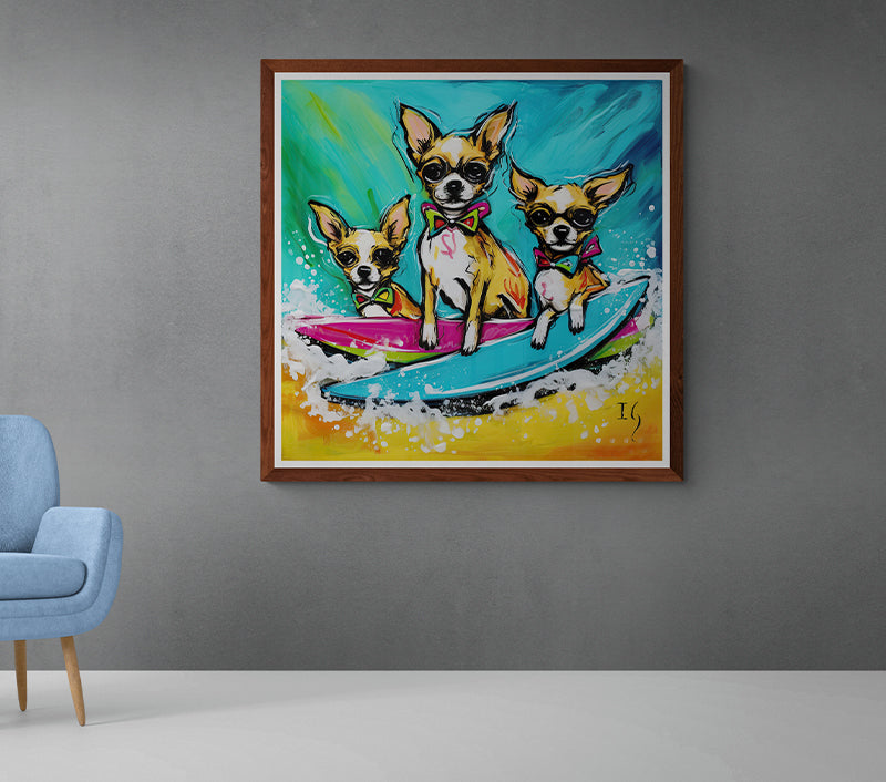 Bright and lively art piece of three dapper chihuahuas surfing – encapsulating fun and energy in a chic style.