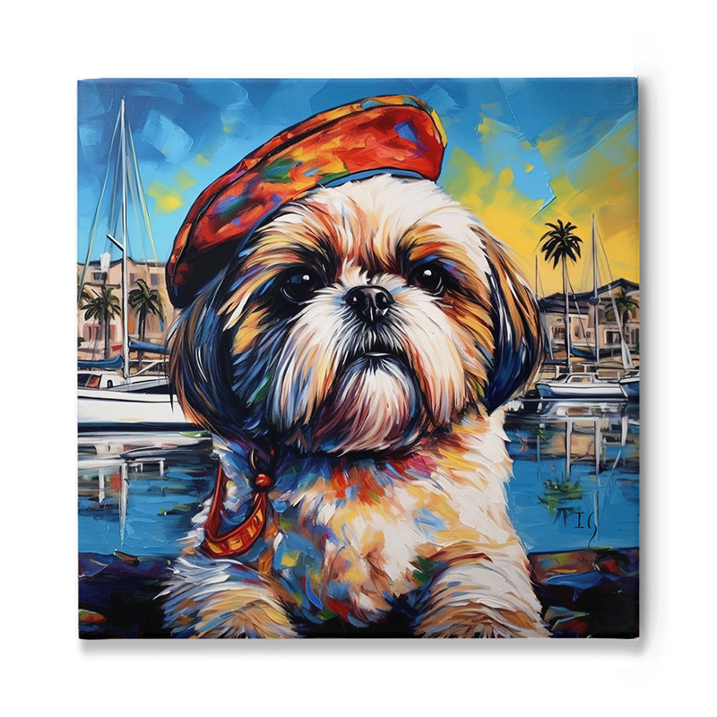 A striking portrayal of a Shih Tzu, adorned with a colorful beret, set against a serene marina backdrop. The dog's inquisitive gaze dominates the frame, surrounded by bursts of rich and varied hues that breathe life into its fur. In the distance, sailboats, palm trees, and coastal buildings bask under a radiant sky, amplifying the atmosphere of a leisurely day by the sea.