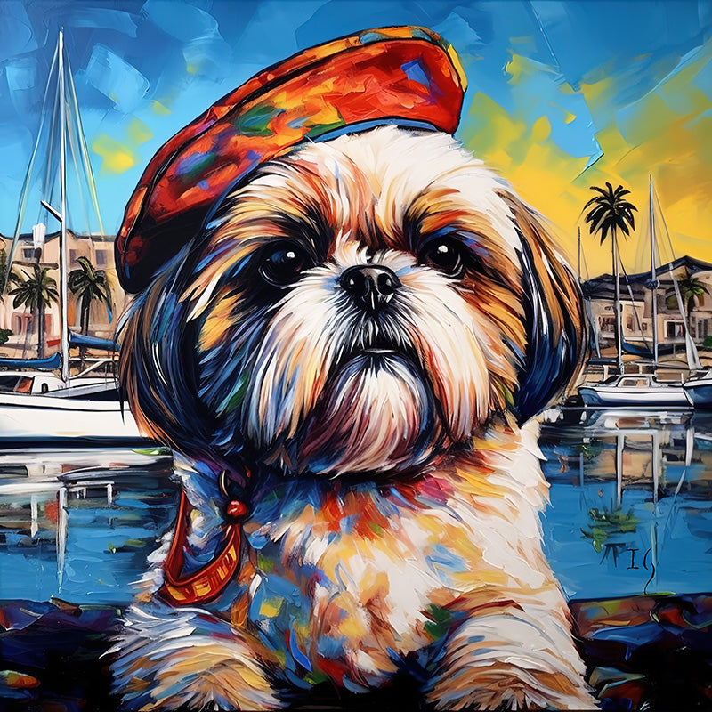 With a backdrop of a tranquil marina, a Shih Tzu captures attention with its vibrant multicolored fur and playful beret. The dog's soulful eyes seem to tell a story, contrasting beautifully with the calm waters, sailboats, and distant structures under a luminous sky.