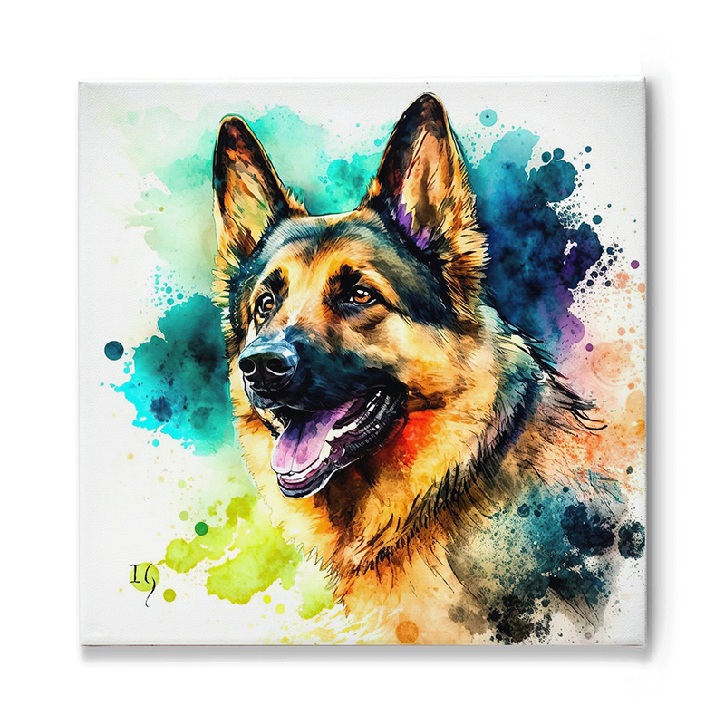 A radiant portrait of a German Shepherd, captured in a burst of watercolors that merge from teal to deep blues, fiery oranges, and soft yellows. The dog's focused gaze, combined with its panting tongue and luminous eyes, conveys a sense of joyful alertness. Splatters and washes of color dance around the subject, amplifying the intensity and emotion of the moment.